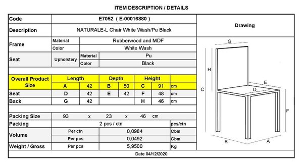 Καρέκλα Naturale-L White Wash/PU Μαύρο 42x50x91cm (Σετ 2 ΤΕΜ)