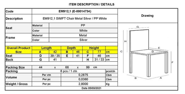 Καρέκλα Swift Bαφή silver PP Λευκό Συσκ.8τμχ 42x46x77cm