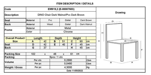 Καρέκλα Dino Χρώμιο-Wenge-Καφέ PVC Συσκ.6τμχ 42x51x90cm