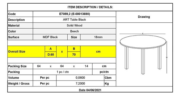 Τραπέζι Art Φ60/H68cm Μαύρο