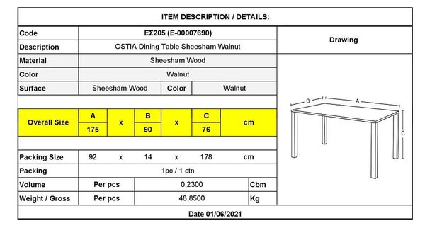 Τραπέζι Ostia 175x90x76cm Καρυδί