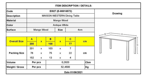 Τραπέζι Maison Western 200x100x77cm Antique Λευκό