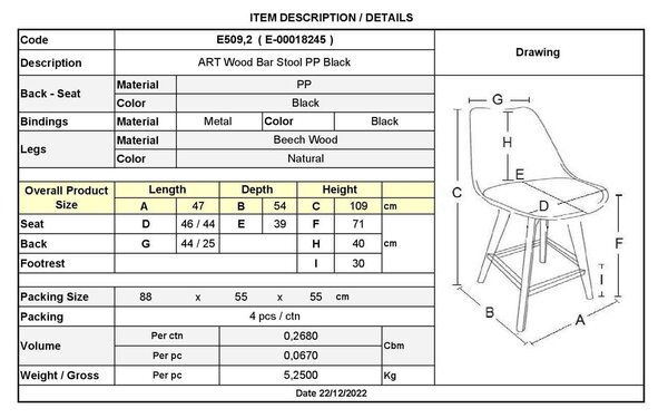 Σκαμπώ ART Wood BAR ABS Μαύρο (με πλάτη) 46x54x74/111cm (Σετ 2 ΤΕΜ)