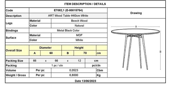 Τραπέζι ART Wood Φ60/H68cm Λευκό