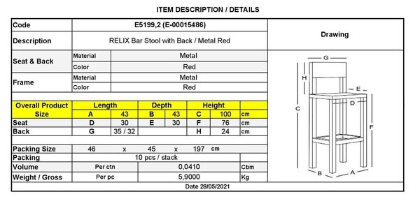 Σκαμπώ RELIX BAR Με Πλάτη Κόκκινο 43x43x76/100cm