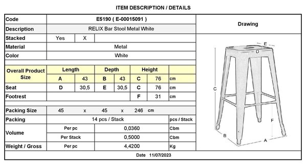 Σκαμπώ RELIX Wood BAR Μεταλ. Άσπρο 43x43 H.76cm