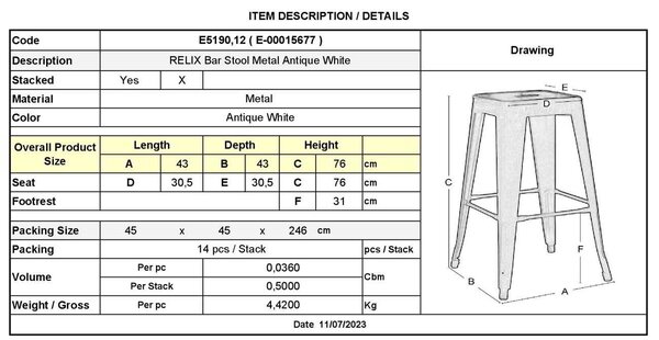 Σκαμπώ RELIX Wood BAR Μεταλ.Antique White 43x43 H.76cm