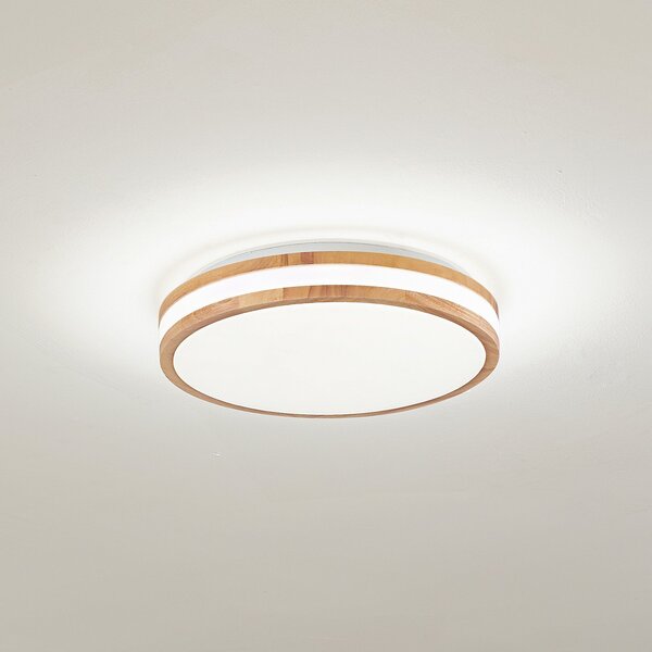 Lindby Φωτιστικό οροφής LED Emiva, Ø 40 cm, ανοιχτόχρωμο ξύλο, CCT, Ξύλου, Σαλόνι / τραπεζαρία, Ξύλο, σύγχρονο