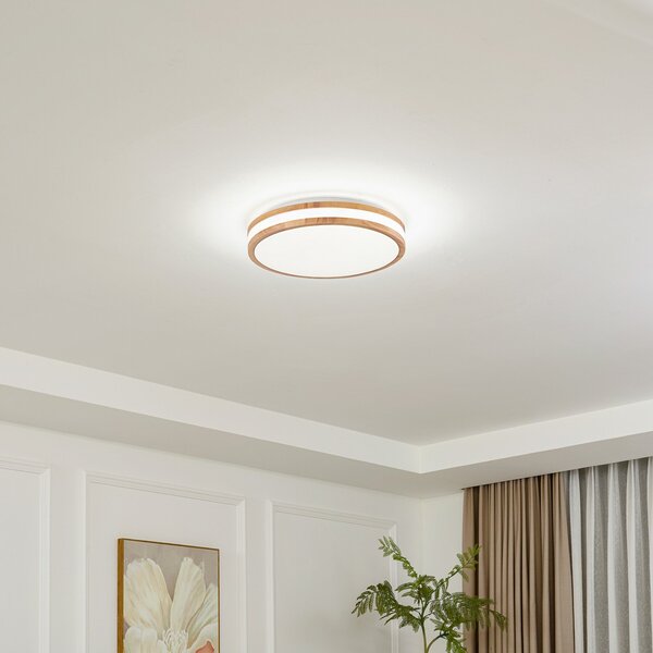 Lindby Φωτιστικό οροφής LED Emiva, Ø 40 cm, ανοιχτόχρωμο ξύλο, CCT, Ξύλου, Σαλόνι / τραπεζαρία, Ξύλο, σύγχρονο