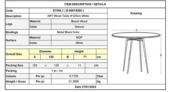 Τραπέζι Wood ART Λευκό D.120cm H.71cm