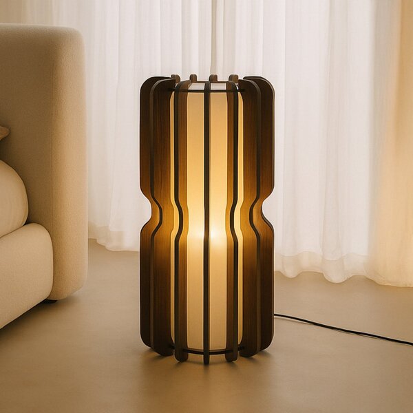 Lucande Φωτιστικό δαπέδου Juneta, 75 cm, καφέ, ξύλο, ύφασμα, Ξύλου, Σαλόνι / τραπεζαρία, Ξύλο, Σκανδιναβικό
