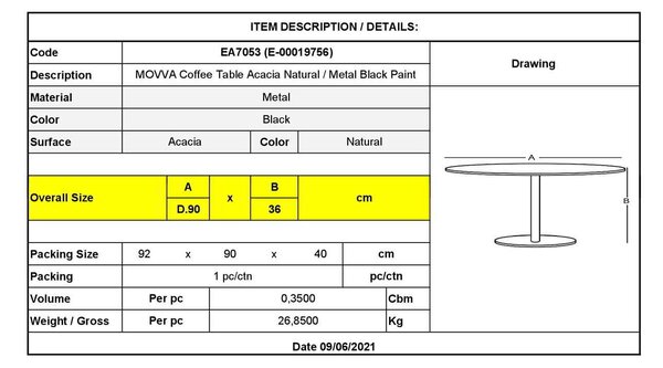 Τραπέζι Σαλονιού MOVVA Φ90x36cm Ακακία Φυσικό/Μεταλλικό Μαύρο