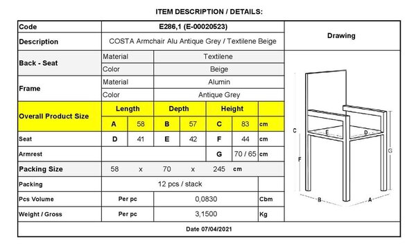 Πολυθρόνα Alu COSTA Antique Grey/Textilene Μπεζ 58x57x83cm