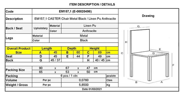 Καρέκλα CASTER Μεταλλική Βαφή Μαύρη/PU Ανθρακί 45x60x89cm (Σετ 6 ΤΕΜ)