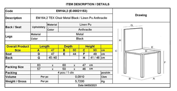 Καρέκλα TEX Μεταλλική Βαφή Μαύρη/Linen Pu Ανθρακί 47x60x90cm (Σετ 4 ΤΕΜ)