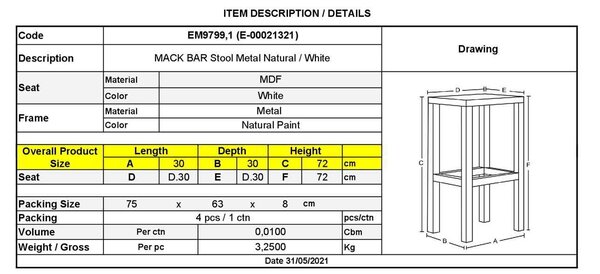 Σκαμπώ MACK BAR Μεταλ.Φυσικό/Άσπρο Φ30cm Η.72cm (Σετ 4 ΤΕΜ)