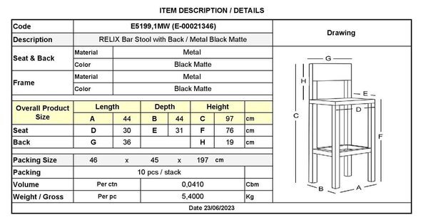 Σκαμπώ RELIX Bar Με Πλάτη Μαύρο Matte 44x44x76/96cm