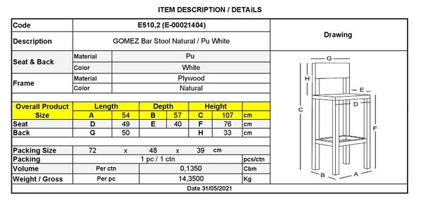 Σκαμπώ GOMEZ Bar Φυσικό/PU Άσπρο 54x57x76/107cm