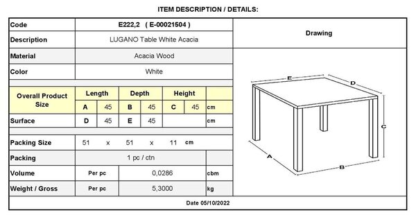 Τραπεζάκι LUGANO 45x45cm Άσπρο Acacia