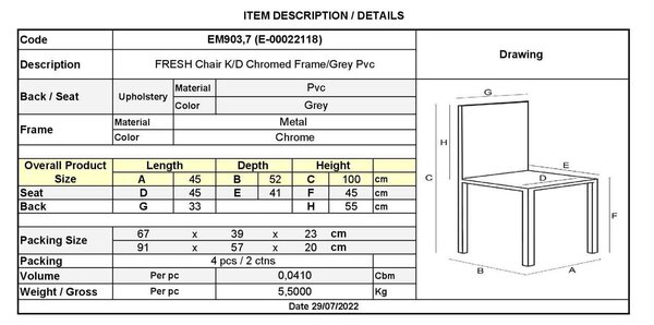 Καρέκλα FRESH K/D Χρώμιο/Pvc Γκρι 45x52x100cm (Σετ 4 ΤΕΜ)