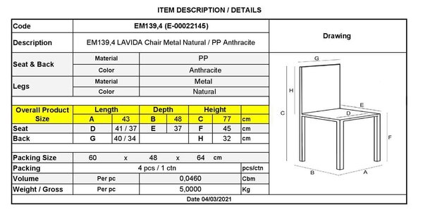 Καρέκλα LAVIDA Μεταλλική Φυσικό, PP Ανθρακί 43x48x77cm (Σετ 4 ΤΕΜ)