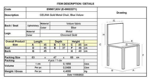 Καρέκλα CELINA Μεταλλική Χρυσό, Velure Μπλε 45x54x85cm (Σετ 4 ΤΕΜ)