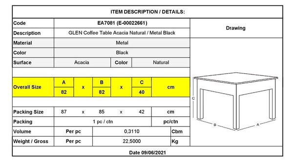 Τραπεζάκι σαλονιού GLEN Steel Μαύρο/Ξύλο Ακακία Φυσικό 82x82x40cm