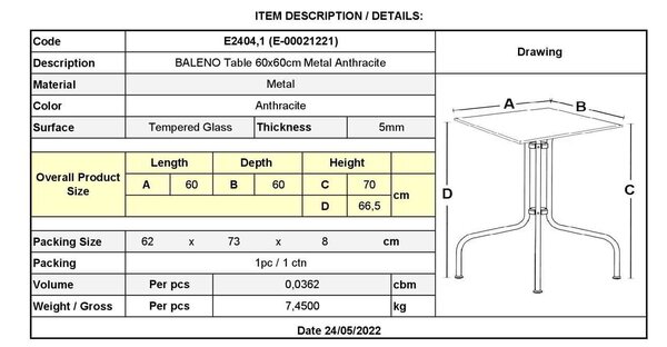 Τραπέζι Μεταλλικό Baleno Γκρι . Διάσταση: 60x60x70cm