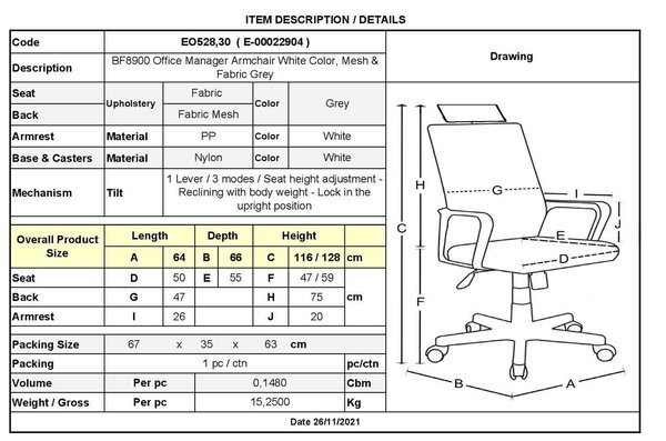 Πολυθρόνα Γραφείου Bf8900 Διευθυντή Άσπρη / Mesh - Ύφασμα Γκρι. Διάσταση: 64x66x116/128cm