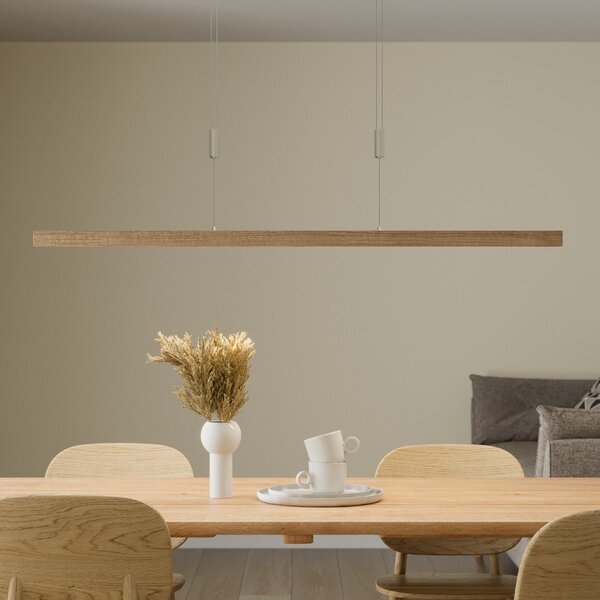 Quitani LED κρεμαστή λάμπα Nora, φυσικό δρυ, μήκος 118 cm, ρυθμιζόμενος, Ξύλου, Σαλόνι / τραπεζαρία, Ξύλο, σύγχρονο