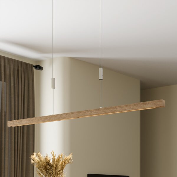 Quitani LED κρεμαστή λάμπα Nora, φυσικό δρυ, μήκος 118 cm, ρυθμιζόμενος, Ξύλου, Σαλόνι / τραπεζαρία, Ξύλο, σύγχρονο