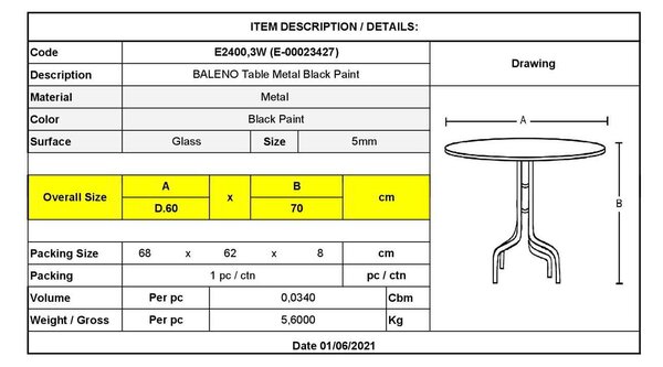 BALENO Τραπέζι Κήπου - Βεράντας, Μέταλλο Βαφή Μαύρο, Γυαλί Tempered Φ60x70cm