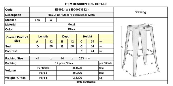 RELIX Σκαμπό Bar H.64cm Στοιβαζόμενο, Μέταλλο Βαφή Μαύρο 43x43 H.64cm