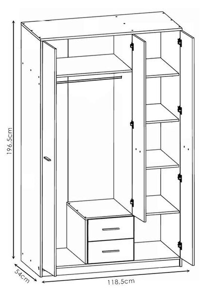 Ντουλάπα ρούχων Serenity pakoworld τρίφυλλη sonoma-λευκό 118.5x54x196.5εκ