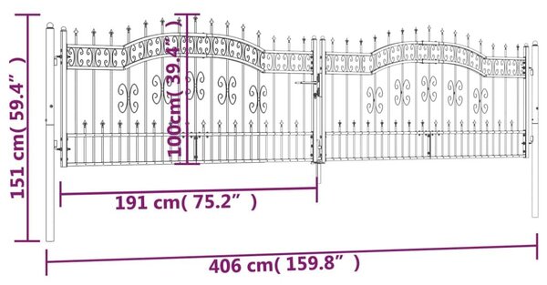 Πόρτα Φράχτη με Ακίδες Μαύρη 406x151 εκ. Ατσάλι με Ηλεκτρ. Βαφή - Μαύρο