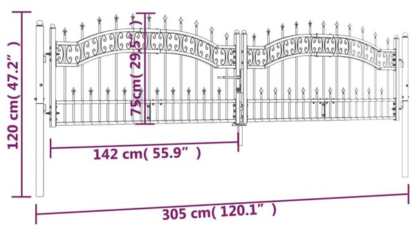 Πόρτα Φράχτη με Ακίδες Μαύρη 305x120 εκ. Ατσάλι με Ηλεκτρ. Βαφή - Μαύρο