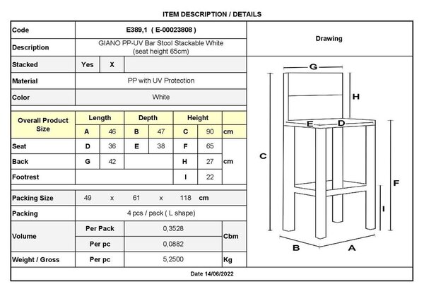 GIANO Σκαμπό BAR με Πλάτη, PP-UV Άσπρο, Στοιβαζόμενο Ύψος Καθίσματος 65cm (Συσκ.4)