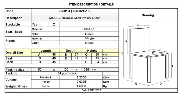 MODA Καρέκλα Στοιβαζόμενη PP - UV Πράσινο