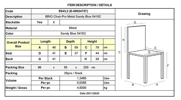 BRIO Καρέκλα Στοιβαζόμενη Μέταλλο Βαφή Sandy Blue 5415C 48x59x79cm