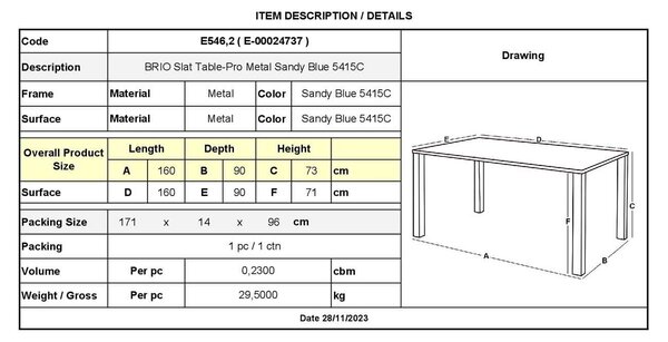 BRIO Slat Τραπέζι Κήπου - Βεράντας, Μέταλλο Βαφή Sandy Blue 5415C 160x90x73cm