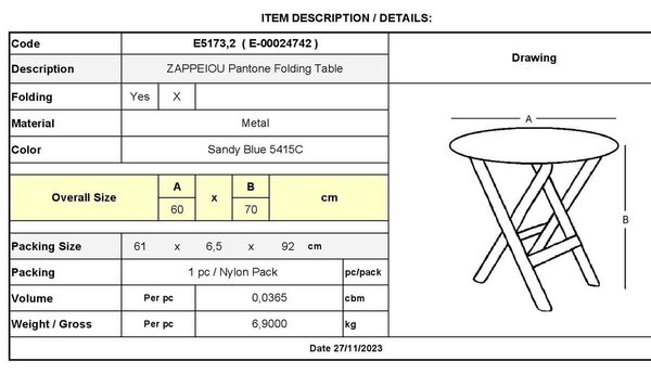 ΖΑΠΠΕΙΟΥ Pantone Τραπέζι Πτυσσόμενο, Μέταλλο Βαφή Sandy Blue 5415C Φ60cm H.70cm