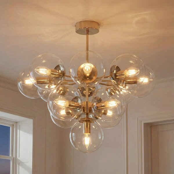 Domiluce Φωτιστικό οροφής Zumba, γυαλί/μέταλλο, χρυσό/διαφανές, 13 λάμπες, ρυθμιζόμενος, Χρυσό / Ορείχαλκου, Σαλόνι / τραπεζαρία, Μέταλλο, σύγχρονο, Οροφή πολλαπλής φλόγας