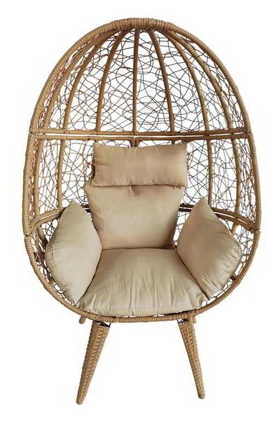 MIAMI Πολυθρόνα Egg, Wicker Φυσικό, Μαξιλάρι Μπεζ 94x77x150cm