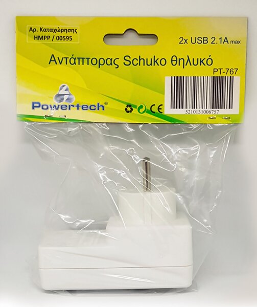 POWERTECH Αντάπτορας ρεύματος schuko PT-767, 2x USB, λευκός