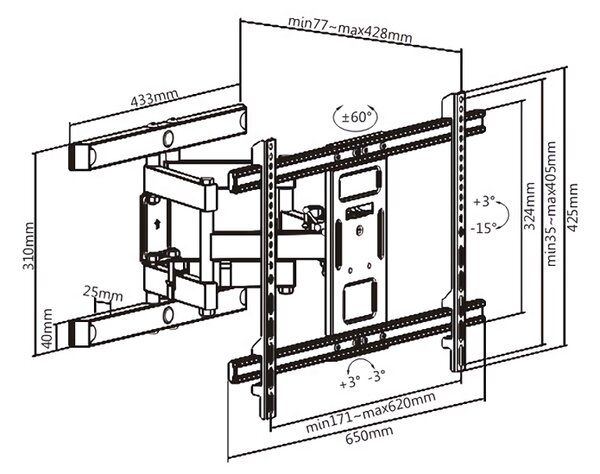 BRATECK επιτοίχια βάση LPA61-466 για τηλεόραση 37-80", full motion, 60kg