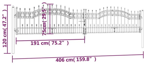 Πόρτα Φράχτη με Ακίδες Μαύρη 406x120 εκ. Ατσάλι με Ηλεκτρ. Βαφή - Μαύρο