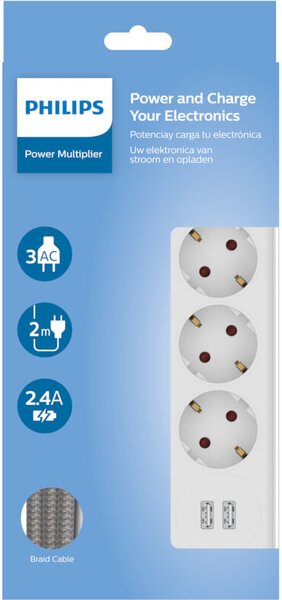 Philips SPN3032W/GRS Πολύπριζο 3 θέσεων με 2 USB Type-A 2.4 A