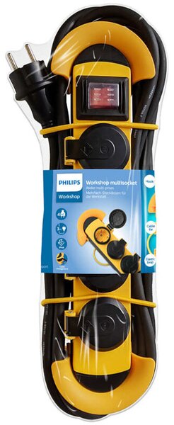 Philips SPN5140YB/GRS Πολύπριζο 4 θέσεων με διακόπτη, προστασία νερού και σκόνης IP44 και καλώδιο 3 m