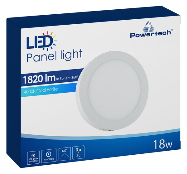 POWERTECH LED panel PAN-0002, 18W, Φ 22.5cm, 4000K, 1820lm, λευκό