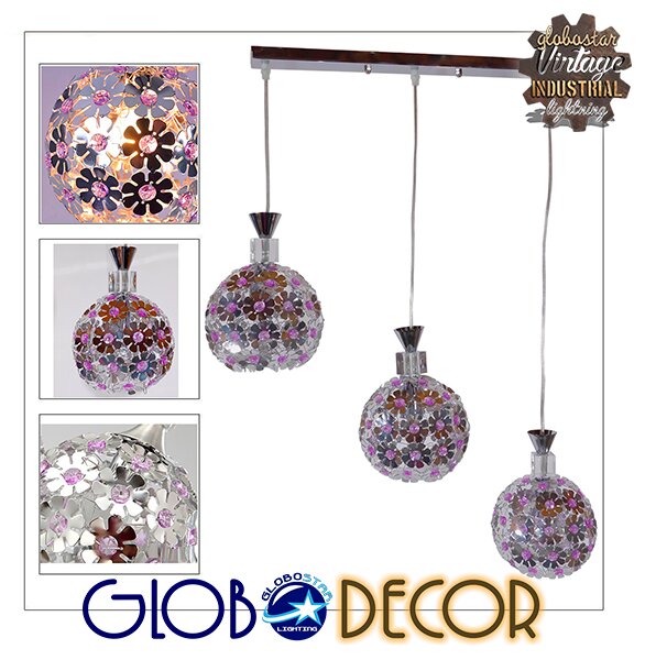 GloboStar® BOUQUET 01249 Μοντέρνο Κρεμαστό Φωτιστικό Οροφής Τρίφωτο 3 x E27 Ασημί Μεταλλικό με Κρύσταλλα Μ64 x Π18 x Υ24cm